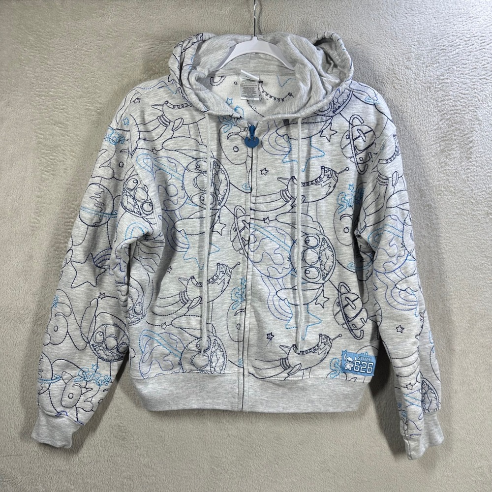 Disney Stitch Embroidered Full Zip Hoodie Grey Space All Over Print Juniors M 7